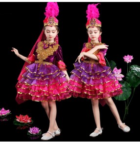 Girls chinese Xinjiang dance costume performance costume girl child ethnic style Uygur Kazakh modern performance costume