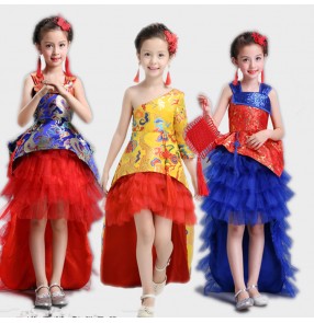 Girls chins style party show dresses royal blue gold red dragon singers princess chorus stage performance long tail dresses