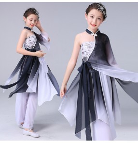 Girls classical chinese yangko dance pink colored fan dance costumes children performance dance costume elegant chiffon ethnic stage costume