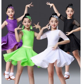 Girls competition ballroom latin dance dresses black white green kids stage performance rumba salsa chacha dance costumes skirts