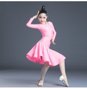 Girls competition blue pink red green fuchsia Latin Dance dresses Children violet white long sleeves latin dance skirts for children kids latin costumes