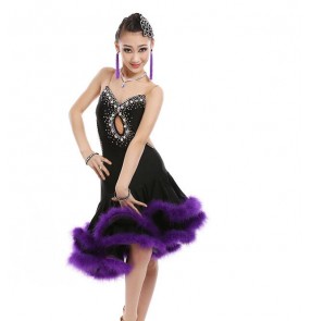 Girls competition latin dance dresses for kids children violet feather black colored stage performance competition salsa rumba chacha dancing costumes
