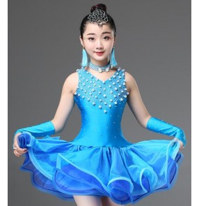 Girls competition latin dance dresses kids children beads rhinestones modern dance stage performance professional ballroom dance dresses costumes