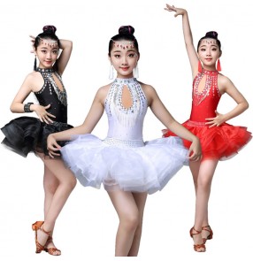 Girls competition latin dance dresses kids children black red colored rhinestones latin ballroom dance dress costumes