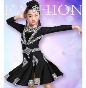 Girls competition latin dance dresses kids children black rhinestones professional salsa chacha latin dance costumes dress