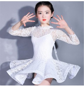 Girls competition latin dresses lace white black long sleeves stage performance salsa rumba chacha dancing costumes