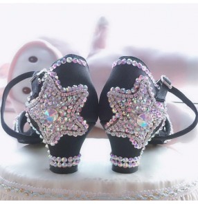 Girls competition rhinestones black Latin Dance Shoes 4.5cm Heels Girls with diamond shoes diamond-studded children girls Chacha dance shoes soft bottom thick heel