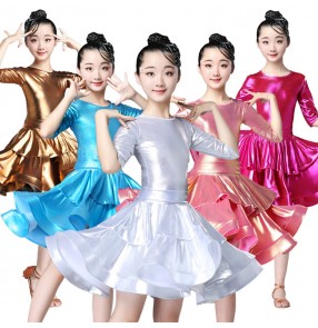 Girls competition stage performance latin dance dresses kids children gold blue white glitter ballroom dress rumba salsa dance dresses