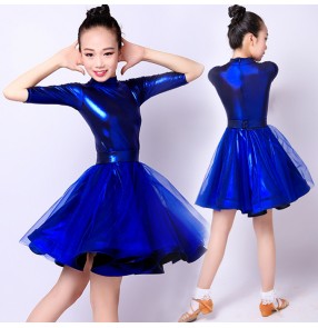 Girls competition yellow royal blue white stage performance ballroom latin dance dresses kids rumba samba chacha dance skirts