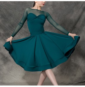 Girls dark green long sleeves competition ballroom latin dance dresses kids children modern dance latin dance costumes for girls