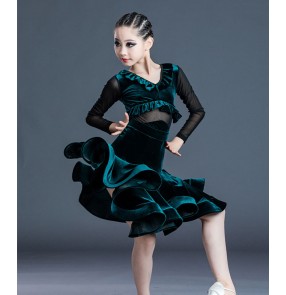 Girls dark green velvet latin dance dress salsa rumba ballroom dance dress latin dance costumes for kids children