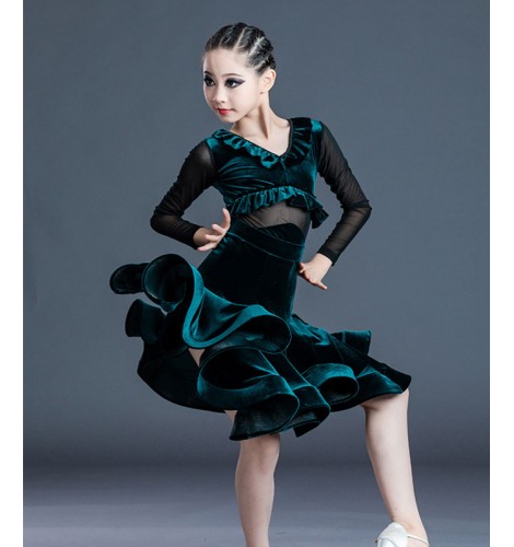 Girls dark green velvet latin dance dress salsa rumba ballroom dance ...