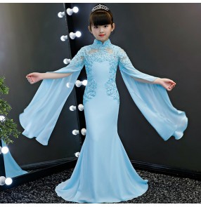 Girls evening dresses blue color lace long sleeves princess fairy cosplay host singers model show stage performance mermaid dresses