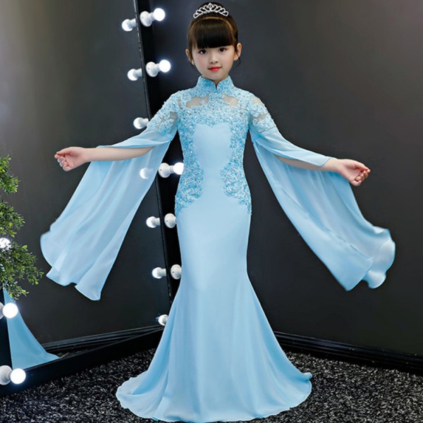 Girls evening dresses blue color lace long sleeves princess fairy