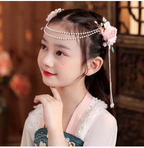 Girls fairy hanfu Pink flowers headdress ancient tang Han style folk dance photos hair accessories for kids pearl forehead chain film cosplay hairpin girls ancient princess jewelry