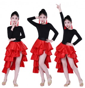 Girls flamenco Spanish bull dance skirts red black ruffles latin dance wrap skirts (only skirt)