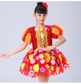 Girls flowers dress jazz dance dress modern dance dress stage performance kindergarten chorus singers school performance costumes