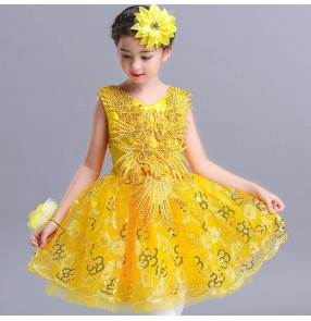 Girls gold jazz dance dresses sequin flower girls princess dress costumes host singers host model show performance dresses