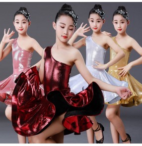 Girls gold white pink competition latin dance dresses glitter modern dance salsa samba chacha dance skirts costumes dresses