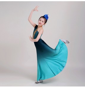 Girls green gradient peacock folk dance dress for kids Dai minority performance costumes modern dance fishtail skirt