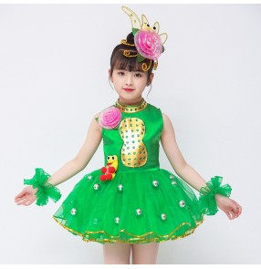 Girls green grass fairy modern dance singers host stage performance princess dresses photos shooting birthday gitt tutu skirt dresses