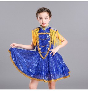 Girls green pink blue jazz modern dance dresses sequin glitter drummer stage show performance princess gogo dancers outfits costumes