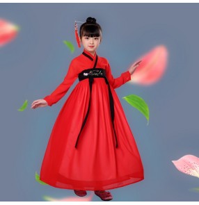 Girls Hanfu chinese folk dance costumes tang dynasty fairy kimono dresses red colored kids children ancient traditional princess empress stage performance dresses