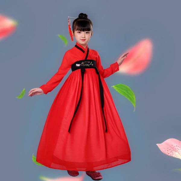 Girls Hanfu Chinese Folk Dance Costumes Tang Dynasty Fairy Kimono Dresses Red Colored Kids Children Ancient Traditional Princess Empress Stage Performance Dresses