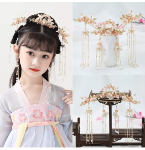 Girls hanfu kimono dress headdress photos drama cosplay fairy princess empress hair accessories hairpin for kids 