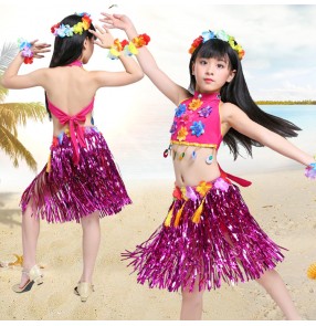 Girls Hawaiian Hula performance costumes for children grass hula Skirt top Hula dance dress Party Hawaii Beach stage performance cosplay costumes