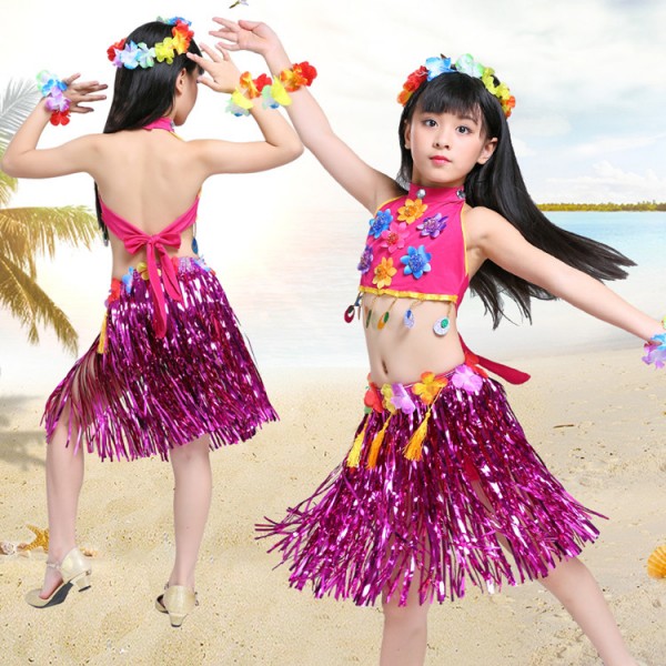 Girls Hawaiian Hula performance costumes for children grass hula Skirt ...