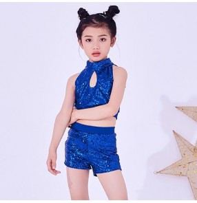 Girls hiphop dance costumes for boys silver red white paillette street dance rap jazz singers model show cheerleaders modern dance tops and shorts outfits