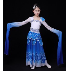 Girls hot pink blue hanfu chinese folk dance costumes water sleeves yangko traditional fan umbrella dance dress