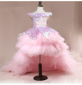 Girls jazz dance dresses pink paillette pink color model show competition singers chorus piano stage performance trailing dresses