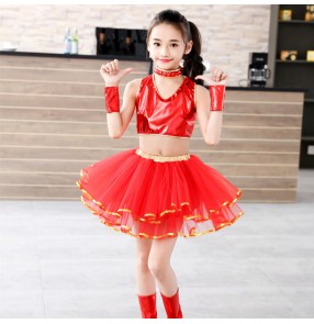 Girls jazz dance dresses red colored kids children stage performance modern dance gogo dancers host singer dance outfits