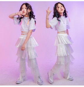 Girls jazz dance hiphop costumes rap dance white Tassel pants singers children catwalk fashion clothes latin gogo dancers dance costumes