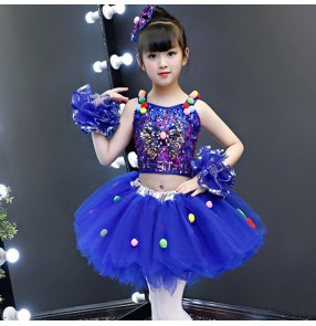 Girls jazz dance princess dress paillette kids children royal blue modern dance model show stage performance chorus dresses