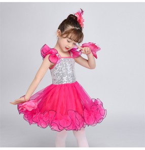 Girls jazz dance princess dresses children kids chorus dress pink blue flower girls dress competition stage performance skirts