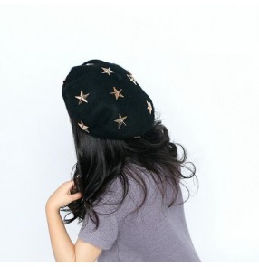 Girls jazz hiphop beret caps wool material fashion performance street dancing wool hat with stars