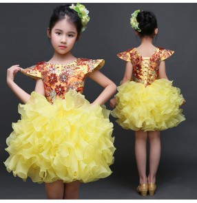 Girls jazz modern dance dress kids evening party princess gold rhinestones stage performance cosplay ballet show cosplay dresses costumes