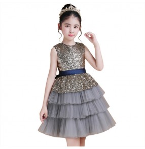 Girls jazz princess dress modern dance flower girls piano stage performance birthday party celebration paillette ruffles skirt ballet princesses dresses