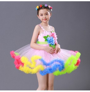 Girls jazz princess modern dance dresses rainbow colored stage performance ballet flower girls show dresses