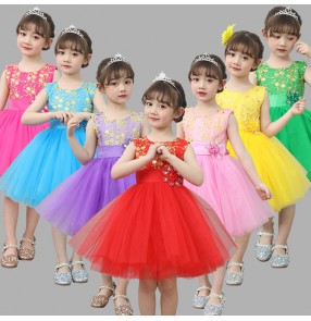 Girls jazz singers ballet dress modern dance kids children host stage performance princess flowers dress