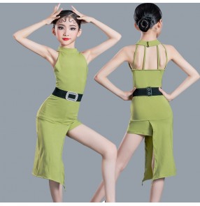 Girls kids army green navy black color latin dance dresses irregular skirts salsa latin ballroom performance outfits for children