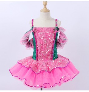 Girls kids baby modern dance ballet dance dresses pink with green sequin ballet dance costumes