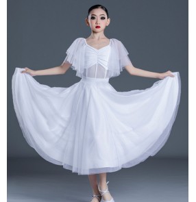 Girls kids baby white flowy ballroom dancing dresses long length ruffles short sleeves latin salsa waltz tango foxtrot long swing skirts for kids