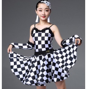 Girls kids black and white plaid competition stage performance latin dance dresses salsa rumba chacha dance dresses