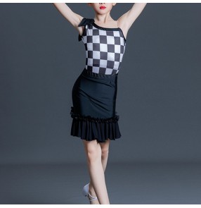 Girls kids black and white plaid latin dance dresses kids modern lattice printed salsa cha cha performance outfits for baby