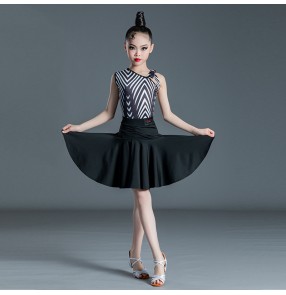 Girls kids black and white striped one shoulder latin dance dresses salsa rumba cha cha salsa performance outfits for children