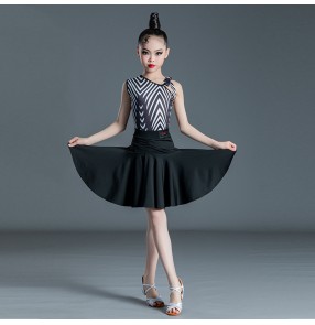 Girls kids black and white striped one shoulder latin dance dresses salsa rumba cha cha salsa performance outfits for children